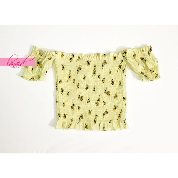 Blue Life Printed Smocked Top Yellow Floral Ruched Bust Off-The-Shoulder Crop S - Picture 2 of 6